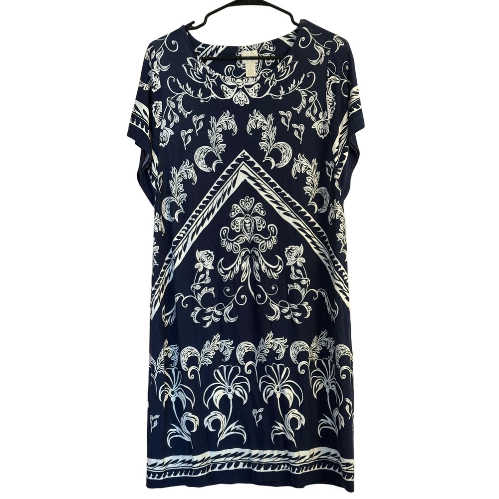 Chicos Navy Blue White Damask Floral Knit Shift Dress Size 1 Medium Short Sleeve - Picture 2 of 5
